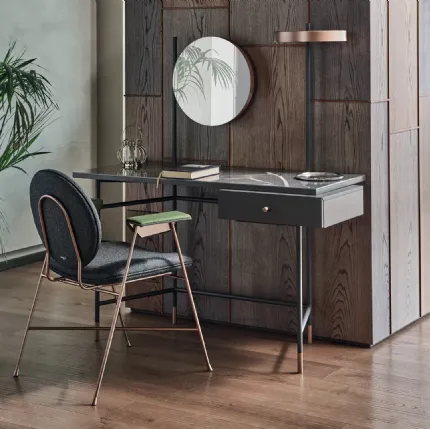 Scrittoio Vanity con top in marmo, cassetto in legno laccato e struttura in acciaio di Bontempi