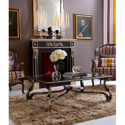Tavolino classico 3433 in legno con decorazioni in foglia oro e top in cristallo fumè di Silvano Grifoni