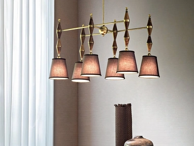 Lampada a sospensione Dèdalo a 6 luci in legno, metallo e tessuto di Silvano Grifoni