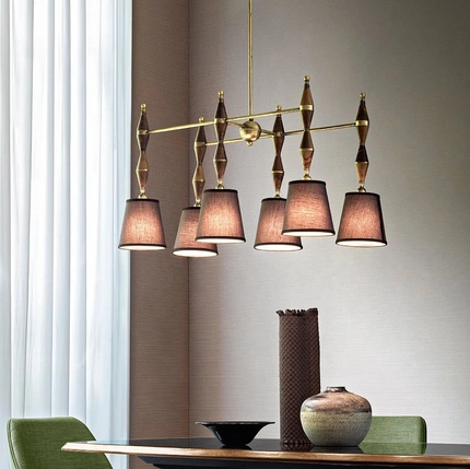 Lampada a sospensione Dèdalo a 6 luci in legno, metallo e tessuto di Silvano Grifoni