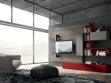 Parete Attrezzata Rebel R 06 in laccato opaco cenere e rosso e quercia di Fimar