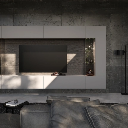 Parete Attrezzata Soggiorno con schienale dietro vetrine di Voltan