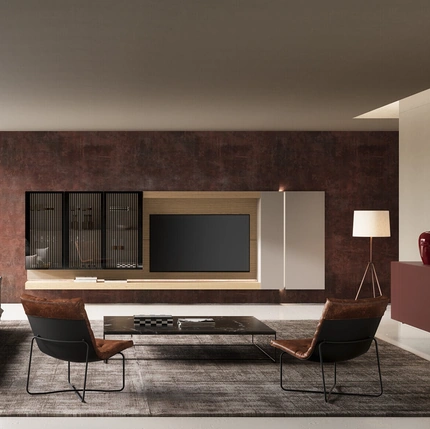 Parete Attrezzata Soggiorno Lucifer con schienale Quercia di Voltan