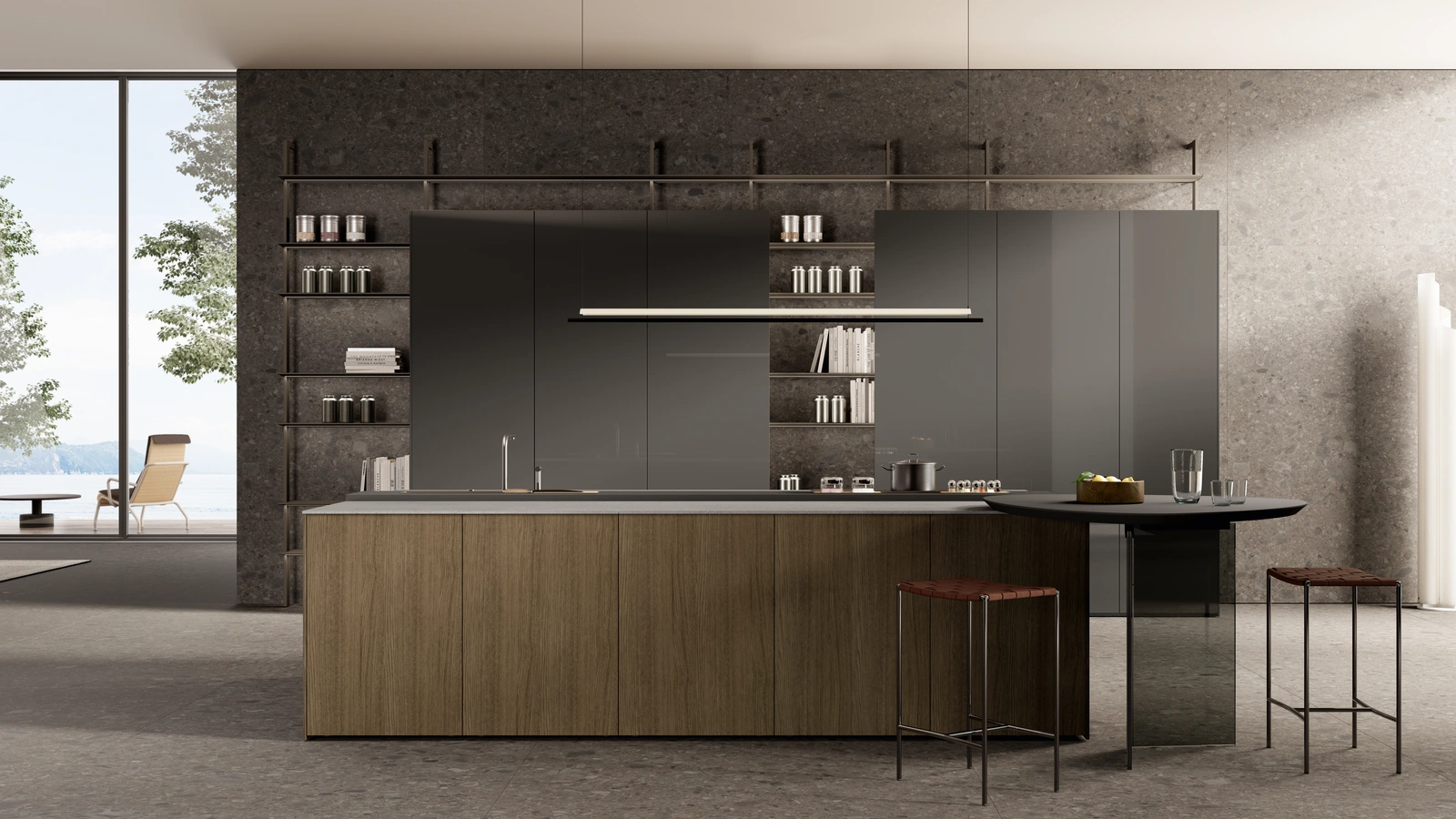 Cucina Design in laccato lucido con isola in legno One 06 di Ernestomeda