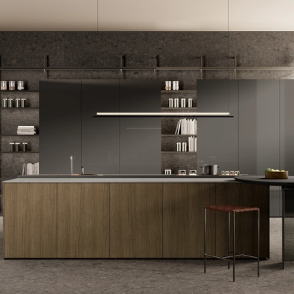 Cucina Design in laccato lucido con isola in legno One 06 di Ernestomeda