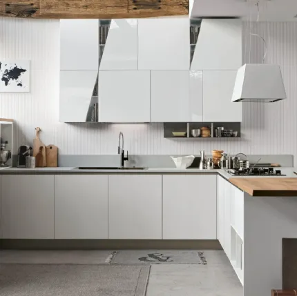 Cucina Moderna con penisola Infinity v14 in Pet Bianco e Rovere nodatodi Stosa