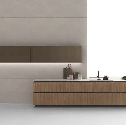 Cucina Moderna Logica 01 finitura nobilitato Noce naturale conb top in laminam Fokos sale di Valdesign