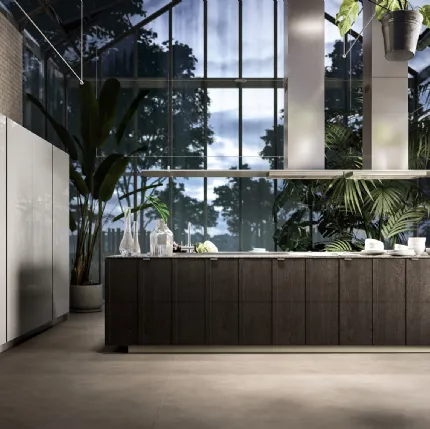Cucina Moderna Maggiorana 01 finitura Olmo Carbone e laccato lucido Arena con top in marmo Marquinia Nero di Valdesign