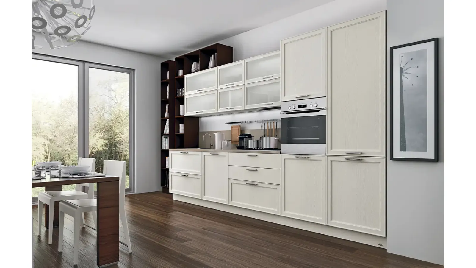 Cucina lineare su misura in legno laccato Bianco opaco Melograno Cucina composizione 1 di Le Fablier